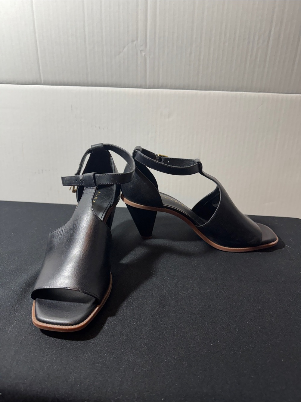 Alex Marie Black Leather T-Strap Mid Block Sandals